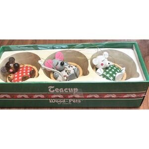 Teacup Wood-Pets Ornaments Dakin 2 Bears And A Mouse 55-0002 Vintage in Box